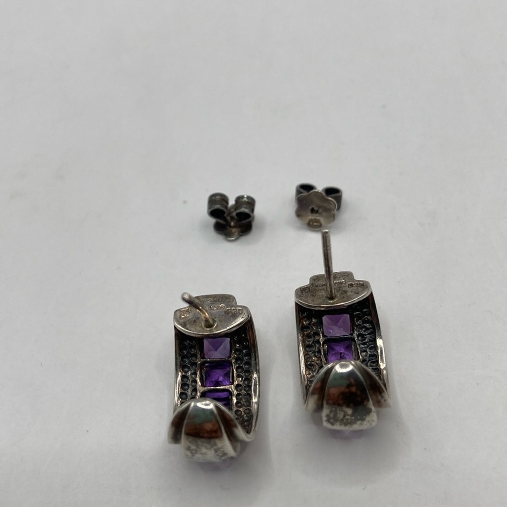 Sterling Silver 925 Channel Set Purple Amethyst Open Hoop Earrings Pierced - Picture 5 of 13